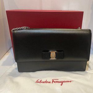 NEW! Salvatore Ferragamo Ginny Black Pebble Leather Bag